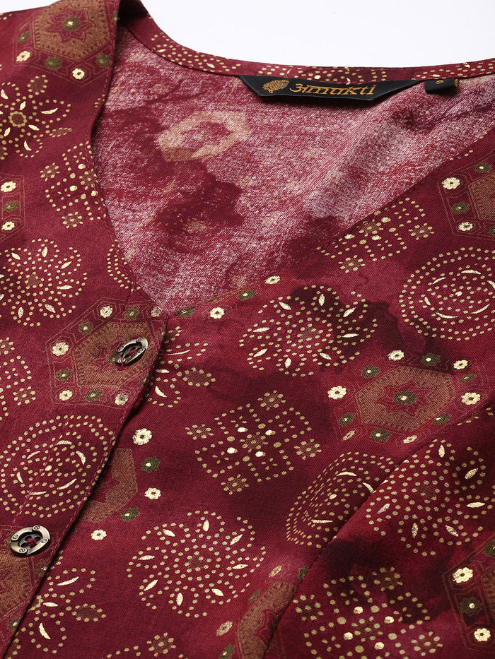 Wine Ethnic Motifs Printed Kurta, Princess Cur Kurta, A-Line Kurta, Floral Print, Mandarin Collar kurta, printed kurta