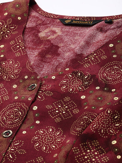 Wine Ethnic Motifs Printed Kurta, Princess Cur Kurta, A-Line Kurta, Floral Print, Mandarin Collar kurta, printed kurta