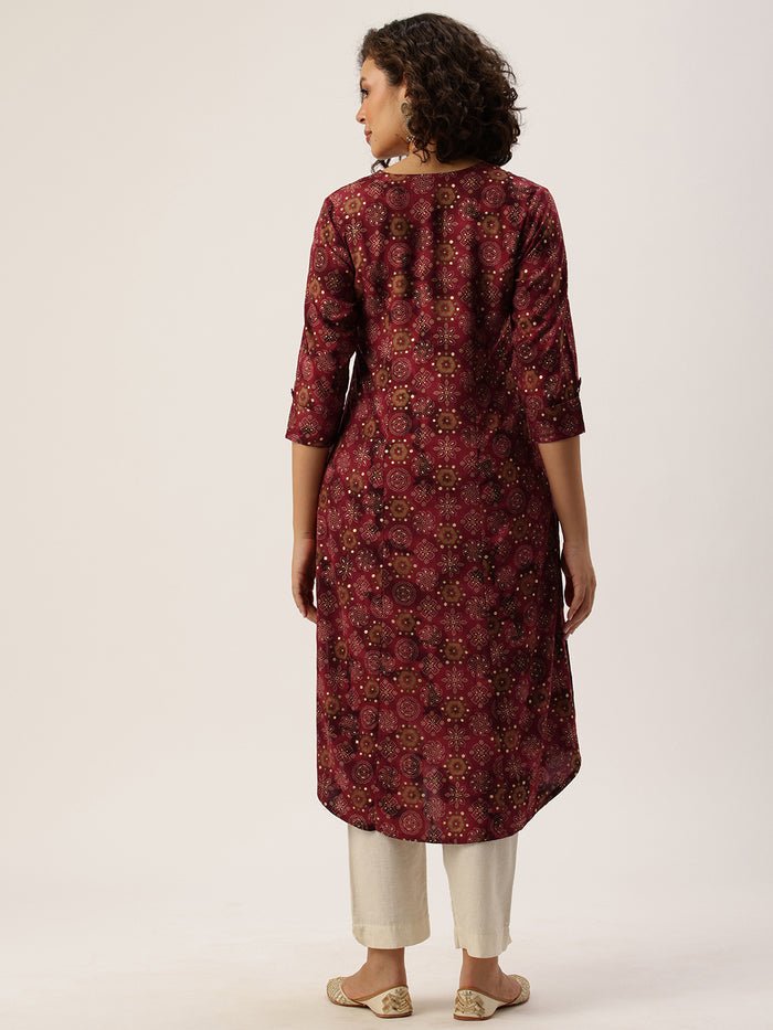 Wine Ethnic Motifs Printed Kurta, Princess Cur Kurta, A-Line Kurta, Floral Print, Mandarin Collar kurta, printed kurta