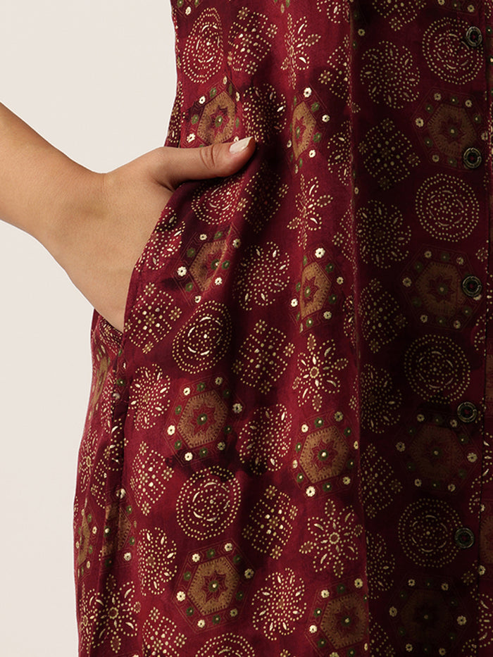 Wine Ethnic Motifs Printed Kurta, Princess Cur Kurta, A-Line Kurta, Floral Print, Mandarin Collar kurta, printed kurta