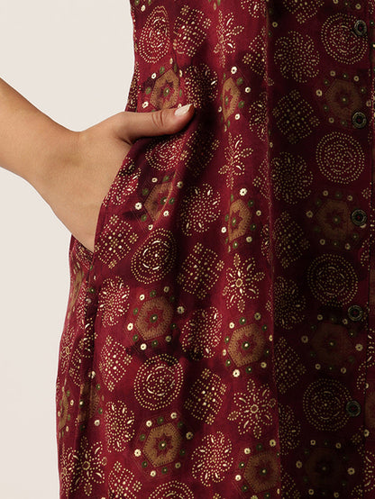 Wine Ethnic Motifs Printed Kurta, Princess Cur Kurta, A-Line Kurta, Floral Print, Mandarin Collar kurta, printed kurta