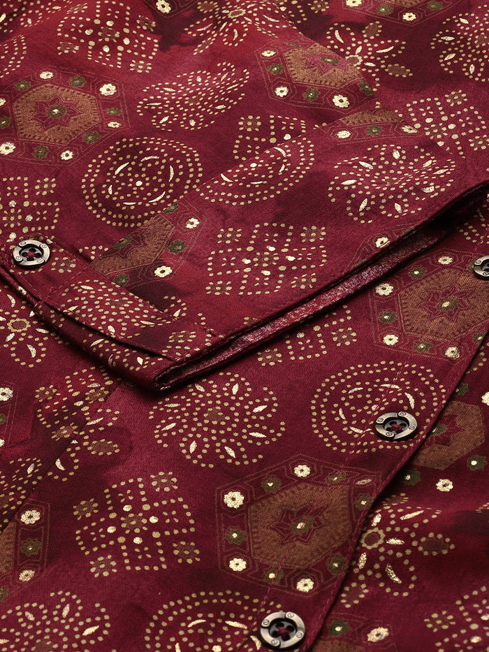 Wine Ethnic Motifs Printed Kurta, Princess Cur Kurta, A-Line Kurta, Floral Print, Mandarin Collar kurta, printed kurta