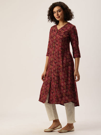 Wine Ethnic Motifs Printed Kurta, Princess Cur Kurta, A-Line Kurta, Floral Print, Mandarin Collar kurta, printed kurta