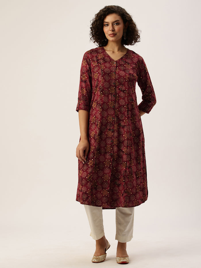 Wine Ethnic Motifs Printed Kurta, Princess Cur Kurta, A-Line Kurta, Floral Print, Mandarin Collar kurta, printed kurta