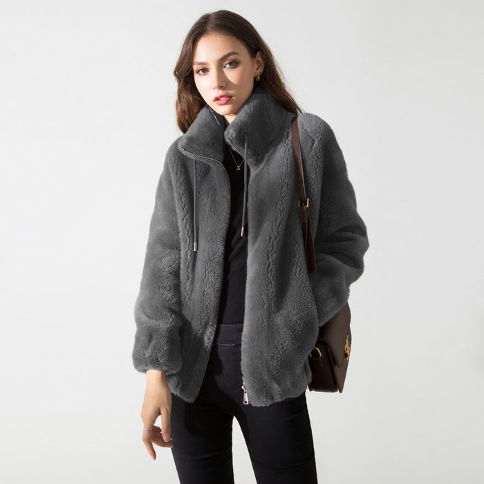 Women fleece cardigan in black, relaxed loose fit, high neck collar, double fleece winter coat, full front view