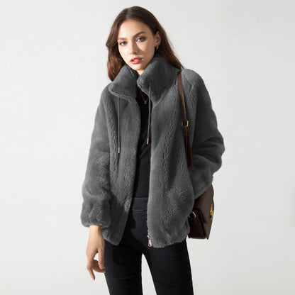 Women fleece cardigan in black, relaxed loose fit, high neck collar, double fleece winter coat, full front view