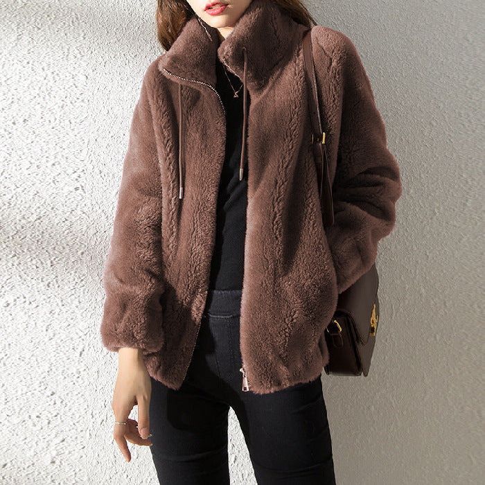 women fleece cardigan brown warm fleece casual daily wear