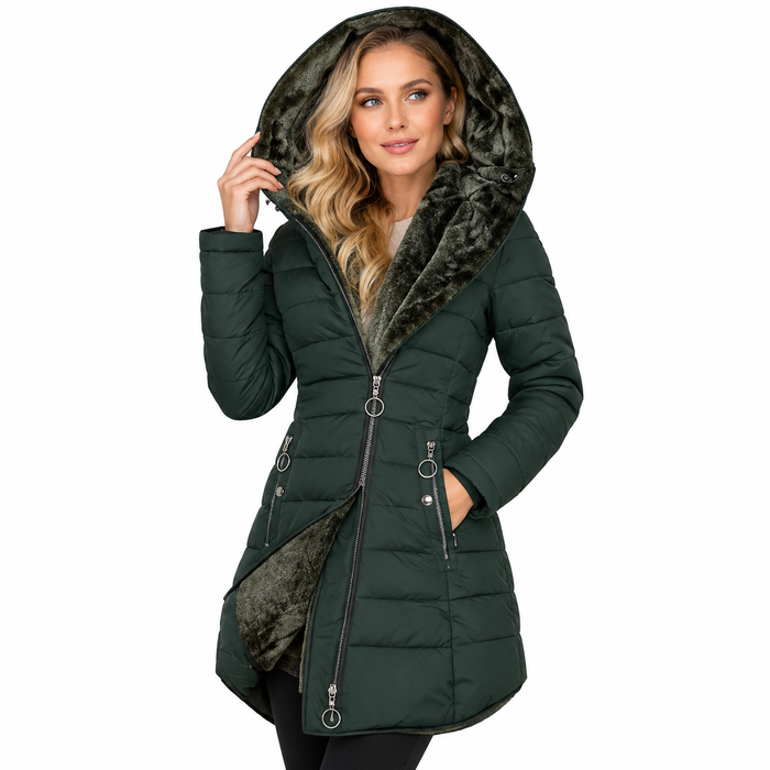 Women zip hoodie coat displayed with clean hood shape, full front zipper and balanced regular length for daily wear with ease