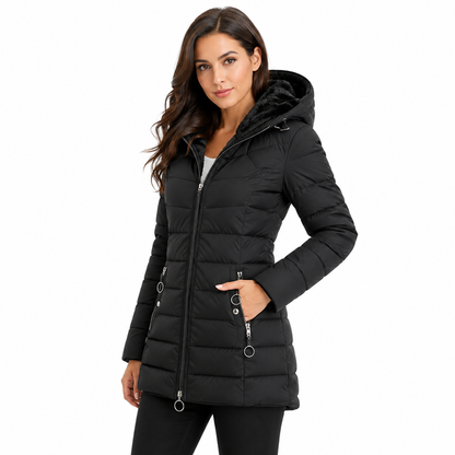 Women puffer jacket with hood and lightweight warmth, designed to reduce bulky layers while keeping a clean shape every day..