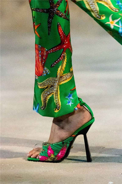 Women Sexy Open Toe Sandals Thin Heels T-Strap Colorful Graffiti