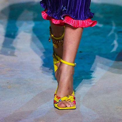 Women Sexy Open Toe Sandals Thin Heels T-Strap Colorful Graffiti