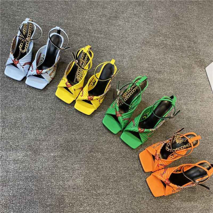 Women Sexy Open Toe Sandals Thin Heels T-Strap Colorful Graffiti