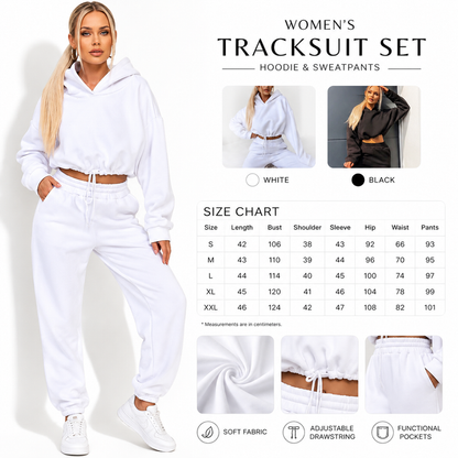 Women's hoodie and jogger size chart showing S to XXL measurements for length, bust, shoulder, sleeve, hip, waist, and pants.