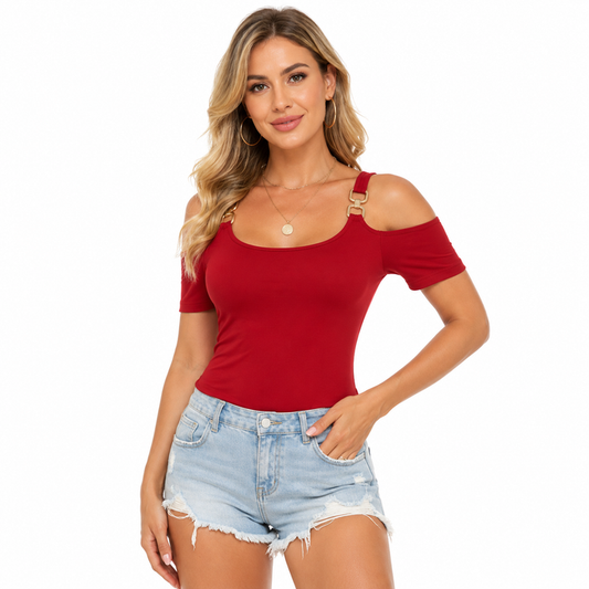 Women's camisole top in solid red polyester with shoulder straps, designed for elegant summer outfits and easy daily styling.