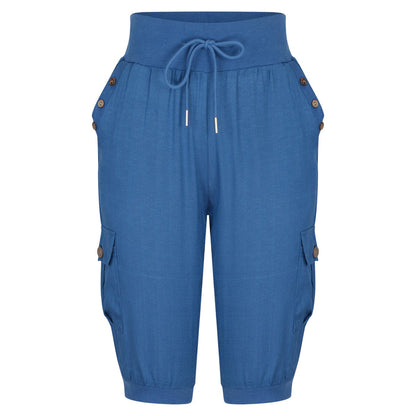 Blue capri pants with drawstring waistband on a white background