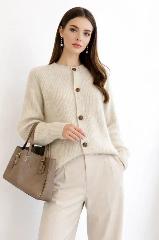 cashmere cardigan camel crew neck knitwear timeless winter wardrobe