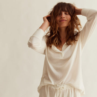 Women's Cotton Henley Pyjama Set - Cream Pointelle