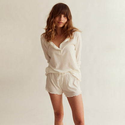 Women's Cotton Henley Pyjama Set - Cream Pointelle