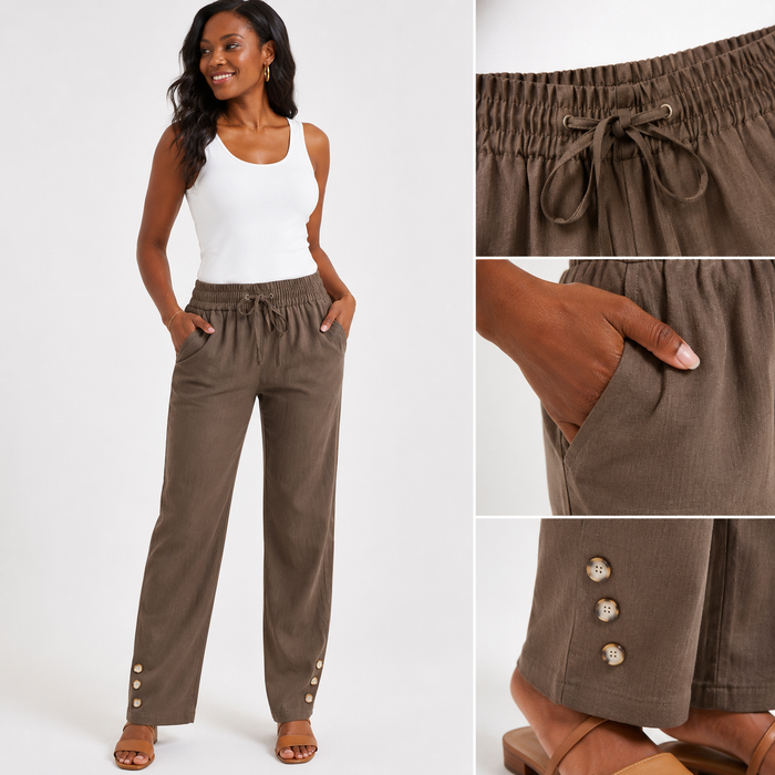 Women's linen pants with a relaxed wide-leg cut, adjustable drawstring waist, practical pockets and cotton-linen blend fabric