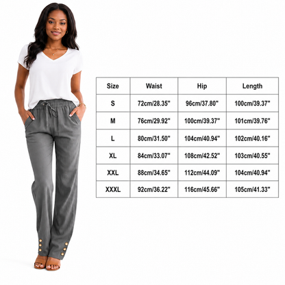 Women's linen pants in multiple colors and sizes S to 3XL with a mid-rise waist, straight legs and adjustable drawstring fit.