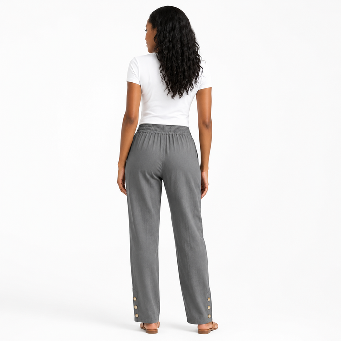 Women's drawstring linen pants styled for casual office wear with a clean wide-leg silhouette and a comfortable relaxed shape