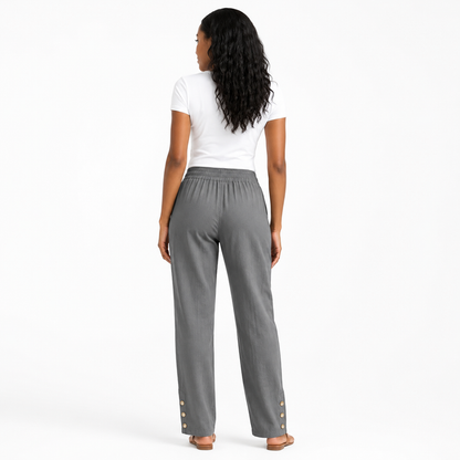 Women's drawstring linen pants styled for casual office wear with a clean wide-leg silhouette and a comfortable relaxed shape