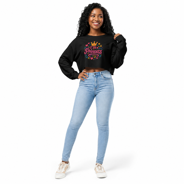 Women's cropped sweatshirt back view showing the pullover shape, dropped shoulders and raw hem for polished off-duty styling.