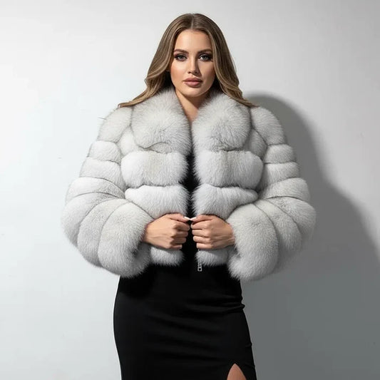 Elegant Woman in Gray Women's Faux Fur Coat Sipping Coffee on Cobblestone Street – Urban Chic Vibes