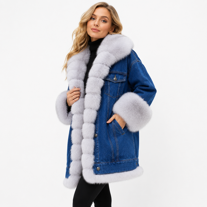 Women's winter denim coat with faux fur texture and easy everyday styling