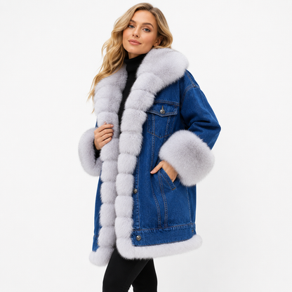 Women's winter denim coat with faux fur texture and easy everyday styling