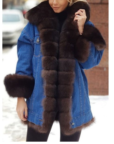 fur lined jean jacket black long denim coat, back view showing straight silhouette and cozy faux fur interior