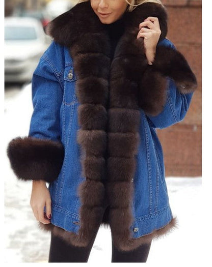 fur lined jean jacket black long denim coat, back view showing straight silhouette and cozy faux fur interior