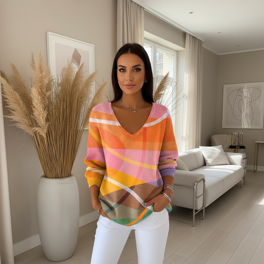Close-Up of Printed Women's Gradient Color V-Neck Long-Sleeved T-Shirt Fabric – Soft French Velvet Texture Shines