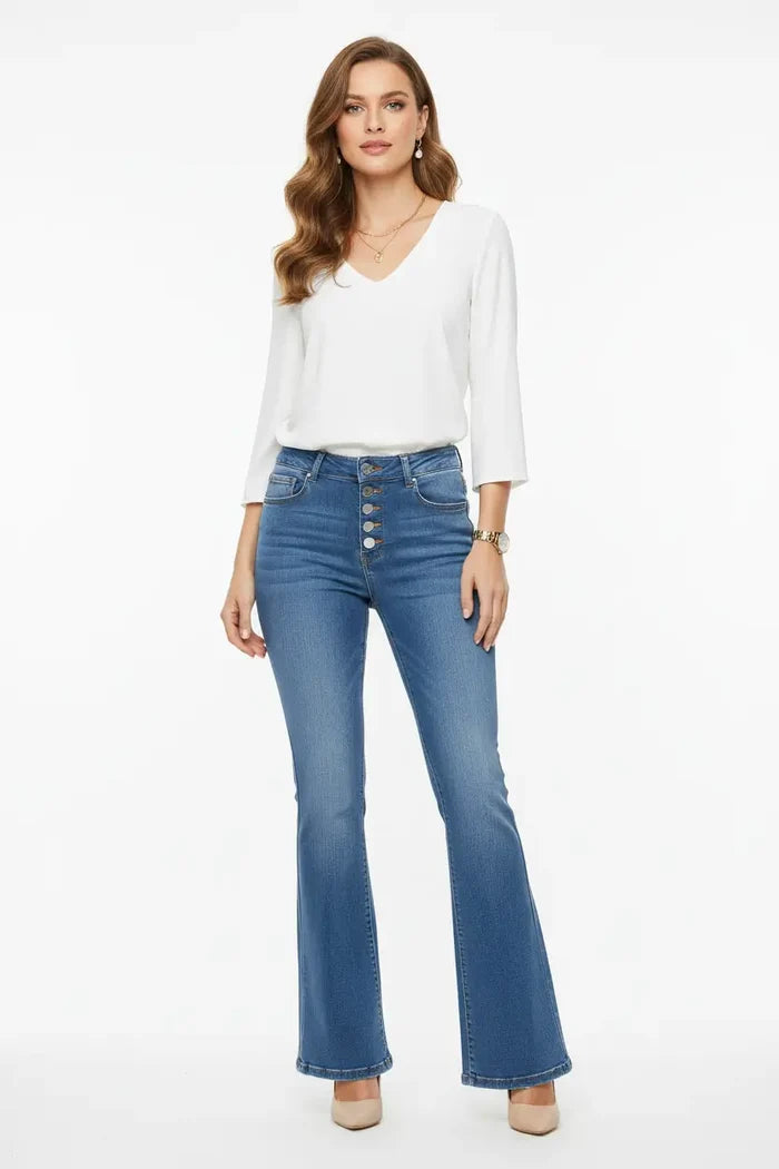 women's flare denim pants double button closure premium denim finish