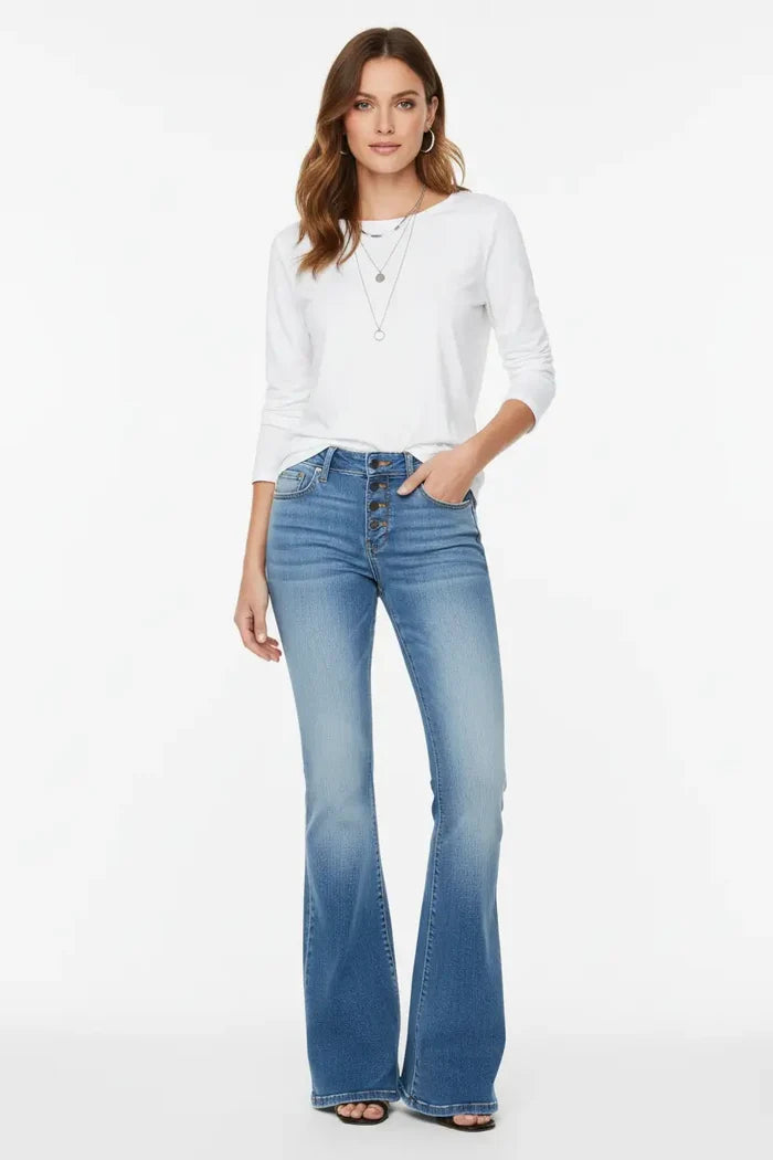 women's bell bottom jeans back view high waist shaping silhouette