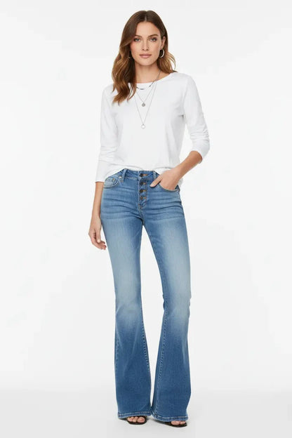 women's bell bottom jeans back view high waist shaping silhouette