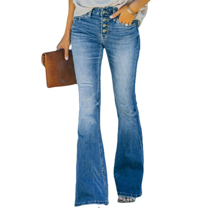 women's washed blue flare jeans relaxed streetwear styling context