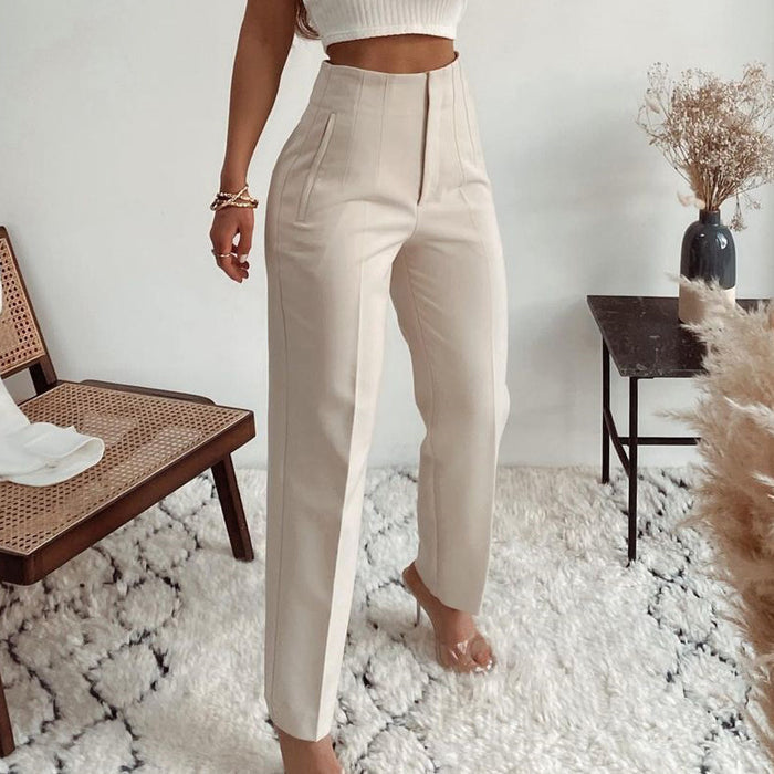 Royal Blue Sophistication: Women's Pleated High Waist Pants Featuring High-Rise Waist and Clean Lines