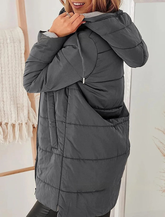 Women’s hooded cotton jacket coat with high neck and secure zip pockets