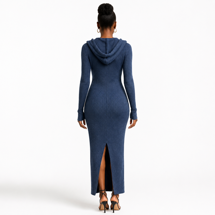 Women's navy hooded knit maxi dress - back model view with rear slit