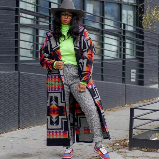 Red and Black Geometric Women's Long Trench Coat – Long Sleeve Design for Effortless Style