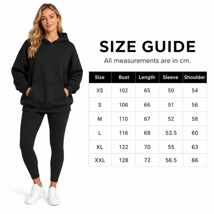 Front view of women's oversized hoodie with pockets, loose silhouette, long sleeves and pullover styling for easy daily wear.