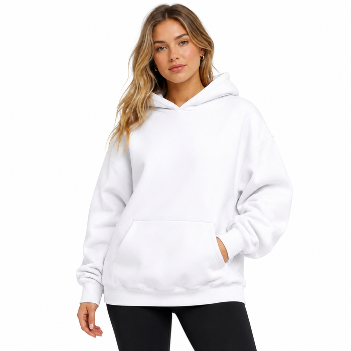 Women's loose pullover hoodie in polyester with pockets and long sleeves, designed for casual outfits, travel and lounge wear