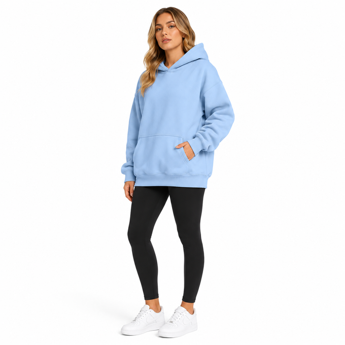 Casual women's oversized hoodie with pocket details, pullover construction and a comfortable loose shape in polyester fabric.