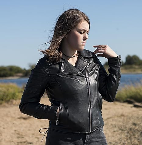 Women's Princess Jacket: Lightweight sheepskin, available in black, &amp; oxblood
Asymmetrical zip cross chest style biker ja