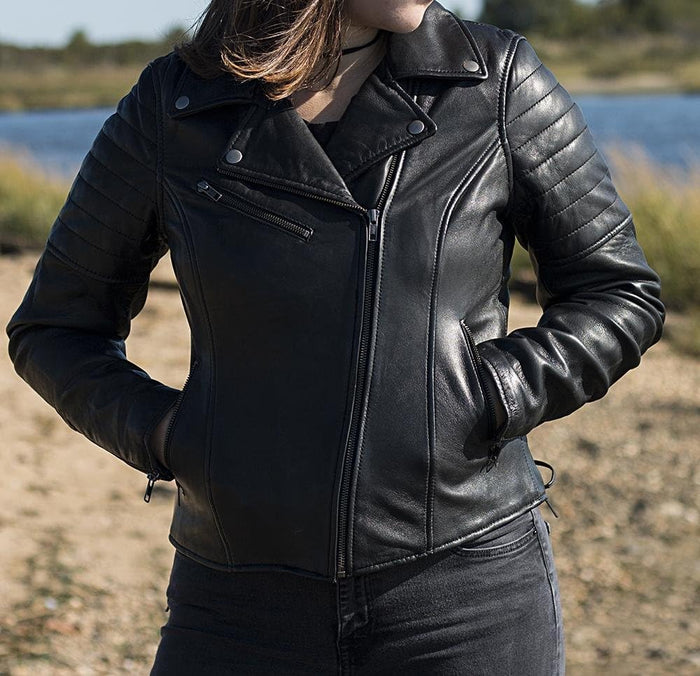 Women's Princess Jacket: Lightweight sheepskin, available in black, &amp; oxblood
Asymmetrical zip cross chest style biker ja