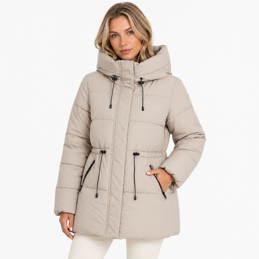 Women's khaki quilted hooded coat - close-up of hood, quilting, drawcords and pockets