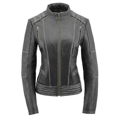 Women's Rebel Jacket Grey: Features:

Lightweight Distressed Leather with Rubbed Seams
Zipper Front with Four Front Pockets
I