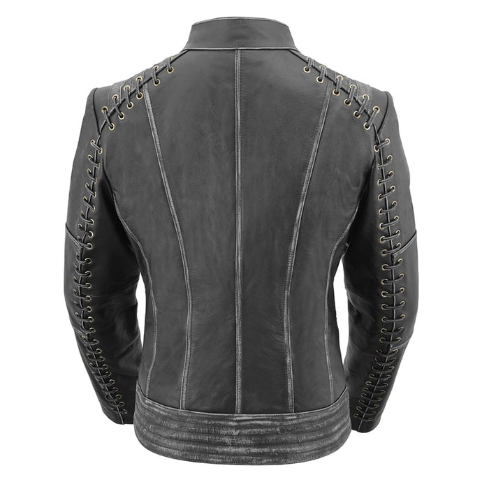 Women's Rebel Jacket Grey: Features:

Lightweight Distressed Leather with Rubbed Seams
Zipper Front with Four Front Pockets
I