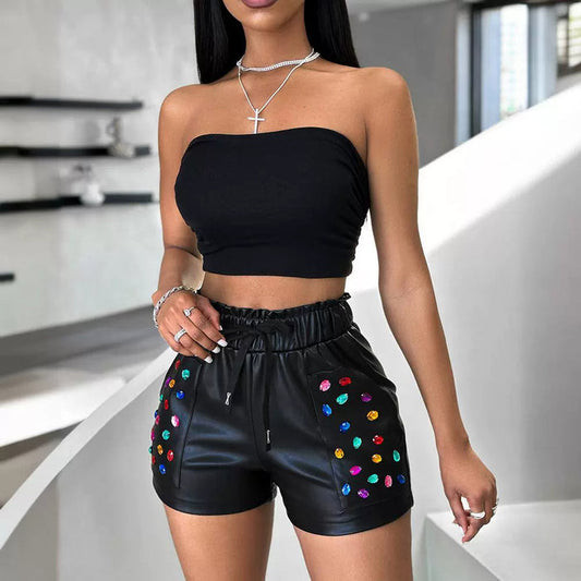 Women’s Rhinestone PU Shorts – Shine in Black